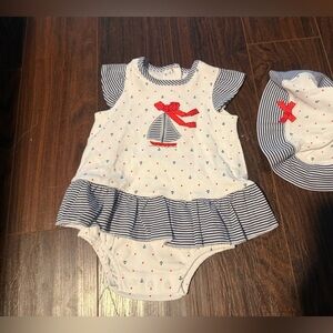 Little Me 9 months like new White and Navy Striped sailboat  Baby Romper